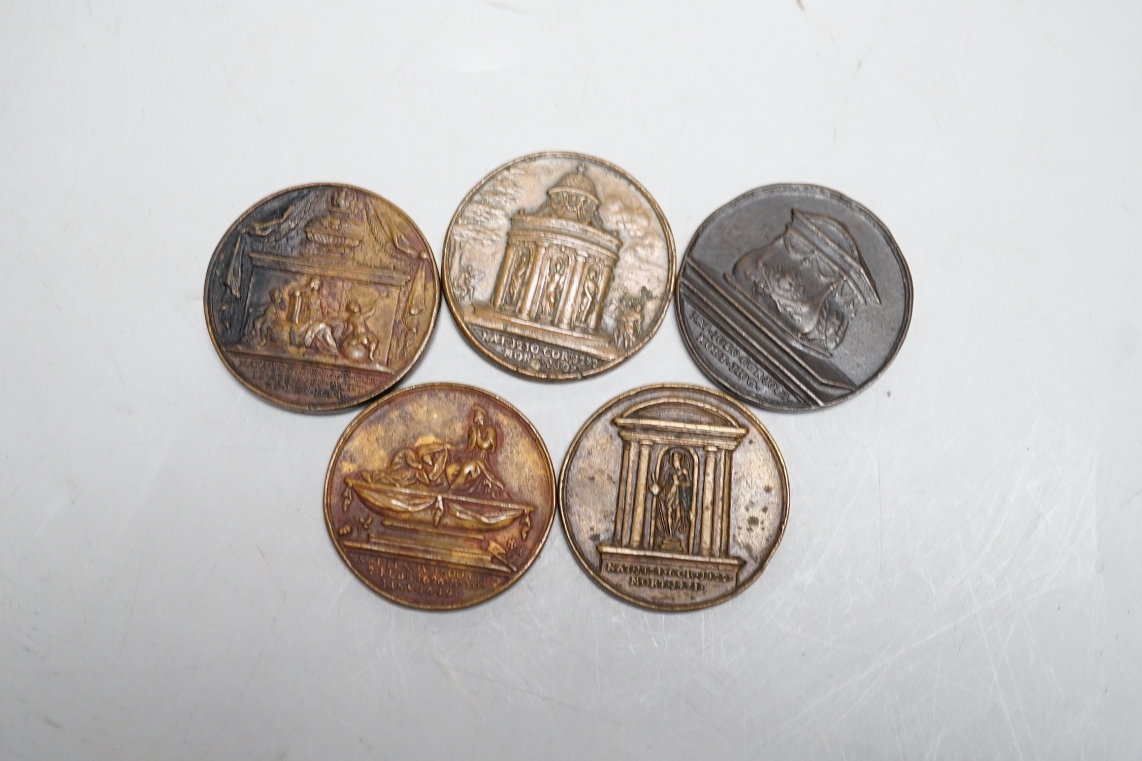 British Historical medals – Five bronze medals of Monarchs from the Kings and Queens of England by Jean Dassier, struck in 1732
